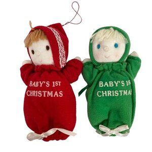 Vintage Russ Berrie Babys 1st Christmas Plush Ornament Doll Set of 2 Red Green
